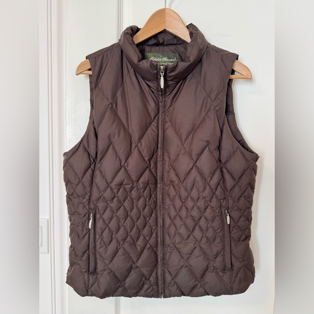 Eddie Bauer Premium Goosedown Quilted Vest Womens Large Brown Zip Mock Neck